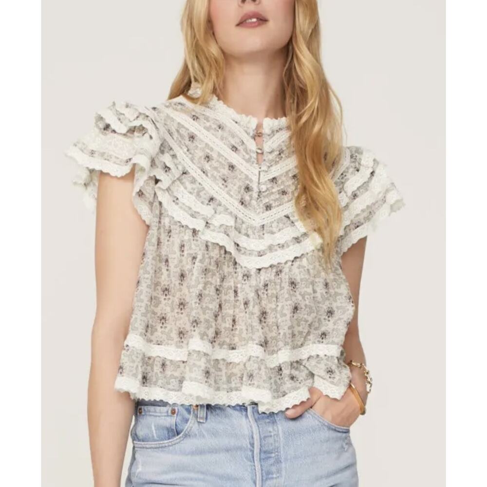 Sea New York Blouse Womens XS White Floral Lace Ruffle Flutter Sleeve Top